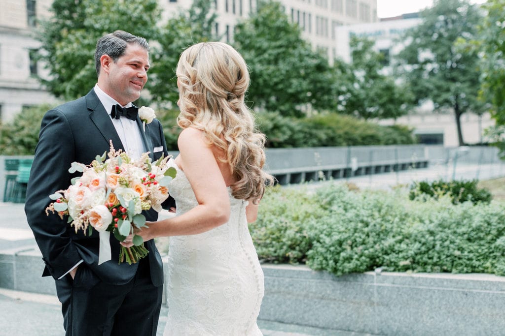 Bride and groom first look in downtown Pittsburgh