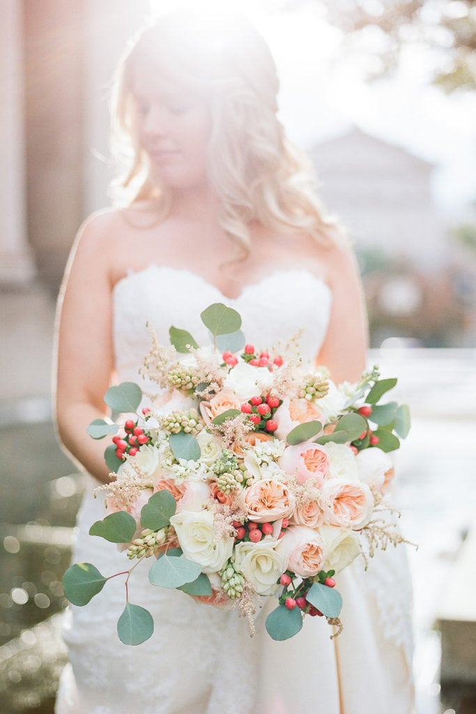 Bridal portrait with pink and rose wedding bouquet