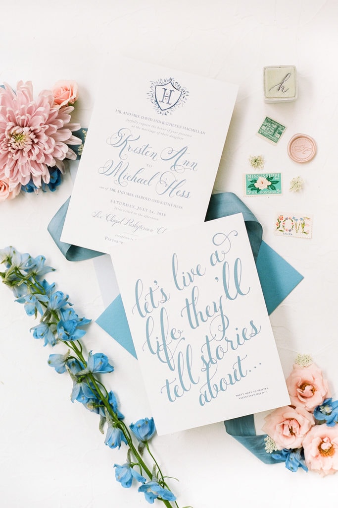 Krsiten Hess Creative dusty blue and white wedding invitations