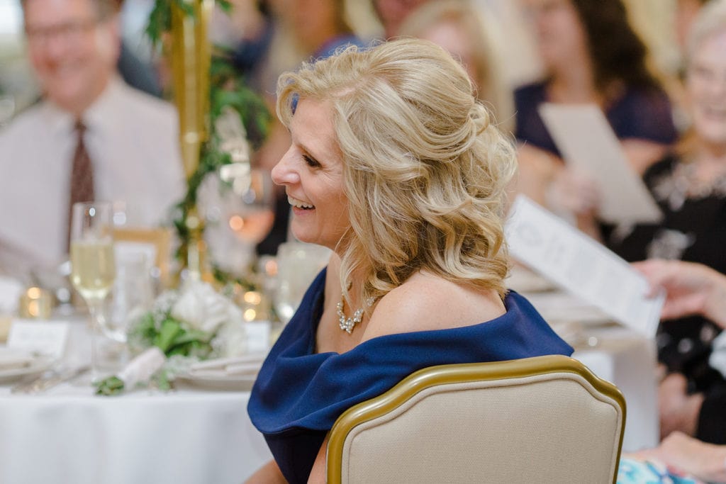 Mother of the bride listening to speeches at Pittsburgh Field Club wedding