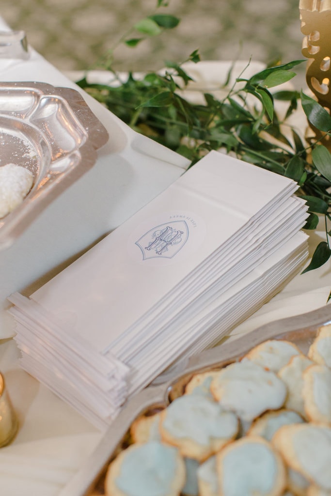 White and dusty blue wedding dessert bags