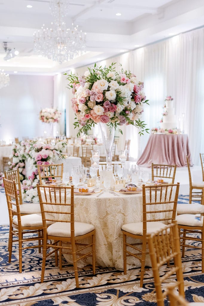 Pink and white wedding reception decor