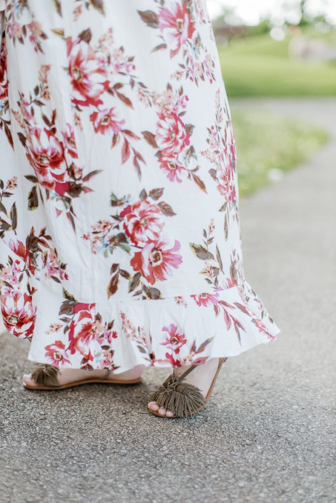 sandals with olive suede detail and light pink floral maxi dress: outdoor newborn session