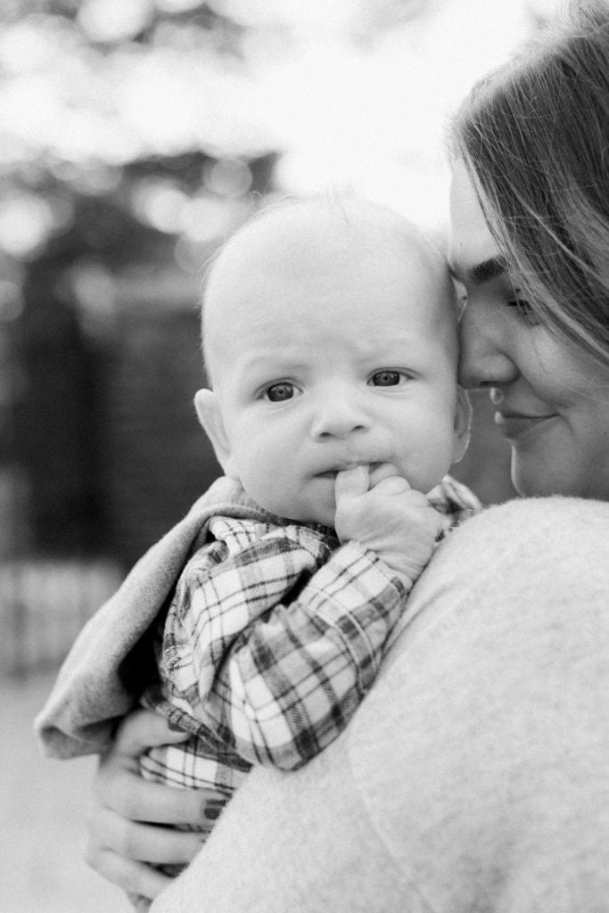 Black and white portrait of mom and baby during Mellon Park photo session