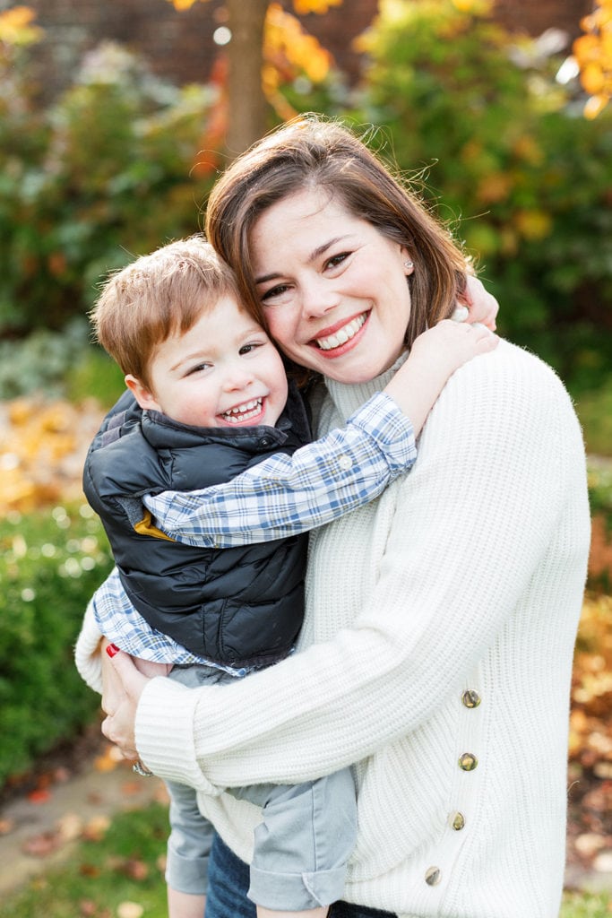 Boy hugging mom during Mellon Park family photo session