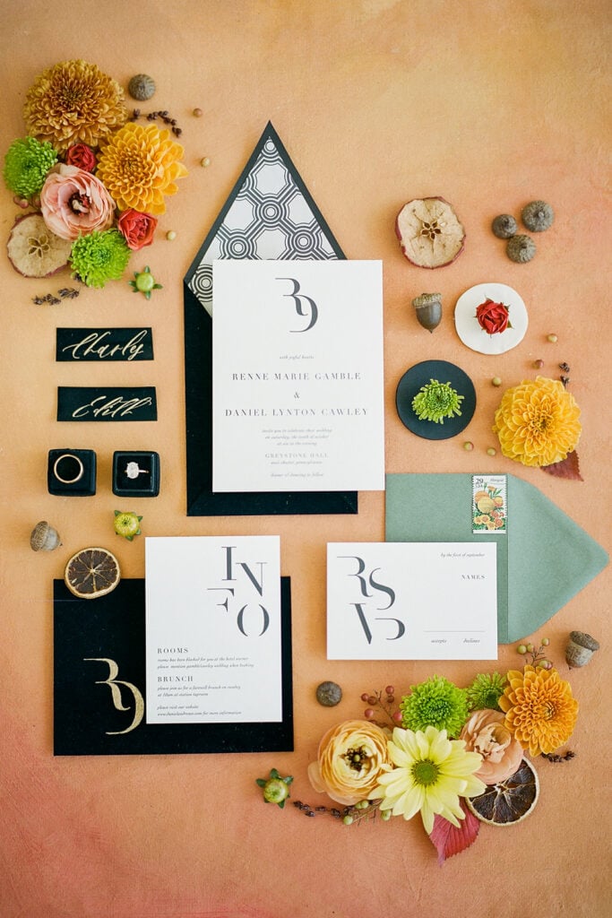 Modern black and white wedding stationery