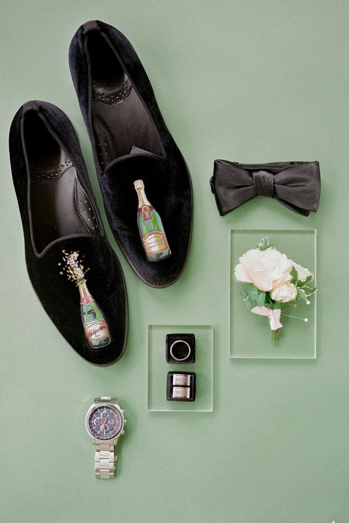 Groom's shoes with embroidered with champagne bottles