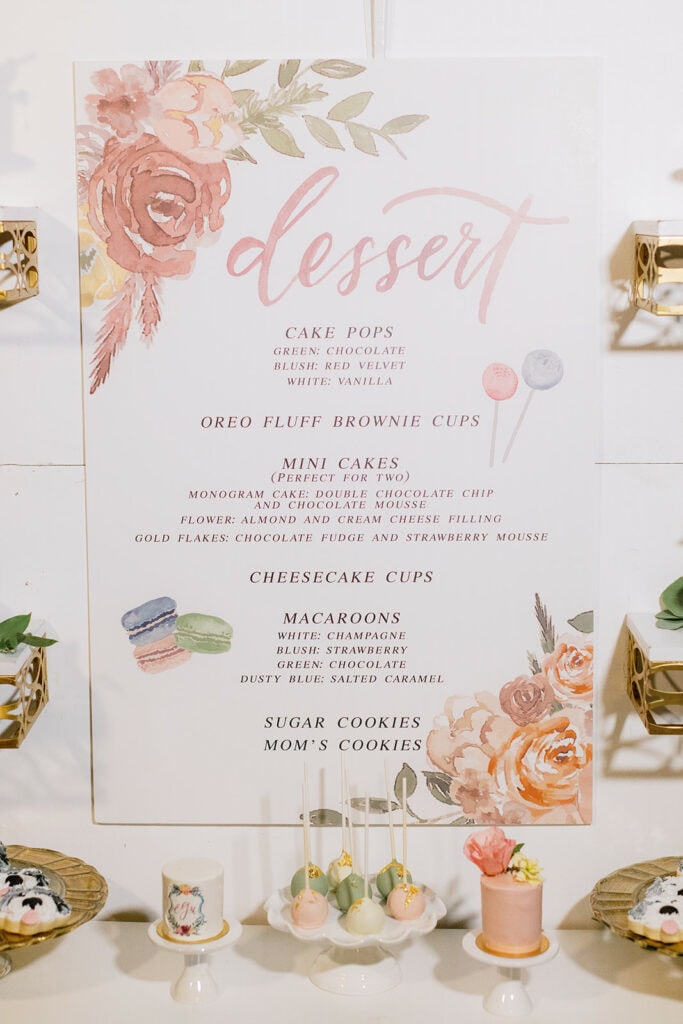 Pink and white wedding dessert menu