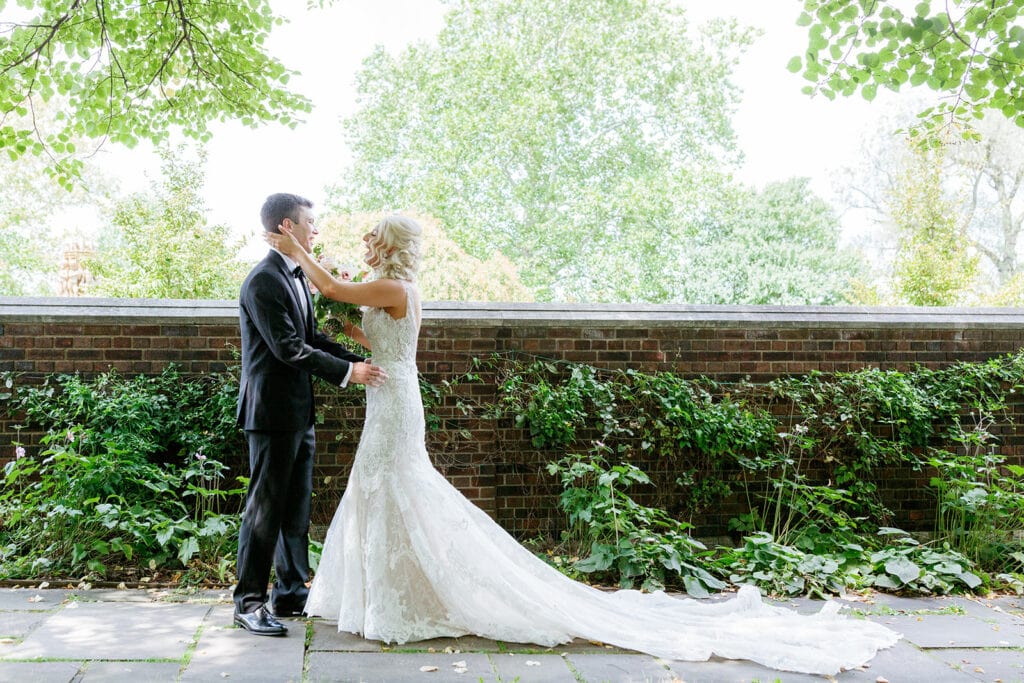 Bride and groom's first look at Mellon Park