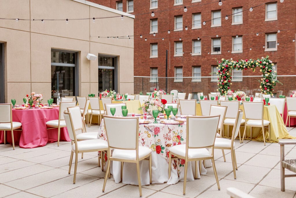 Colorful rooftop bridal shower wedding decor