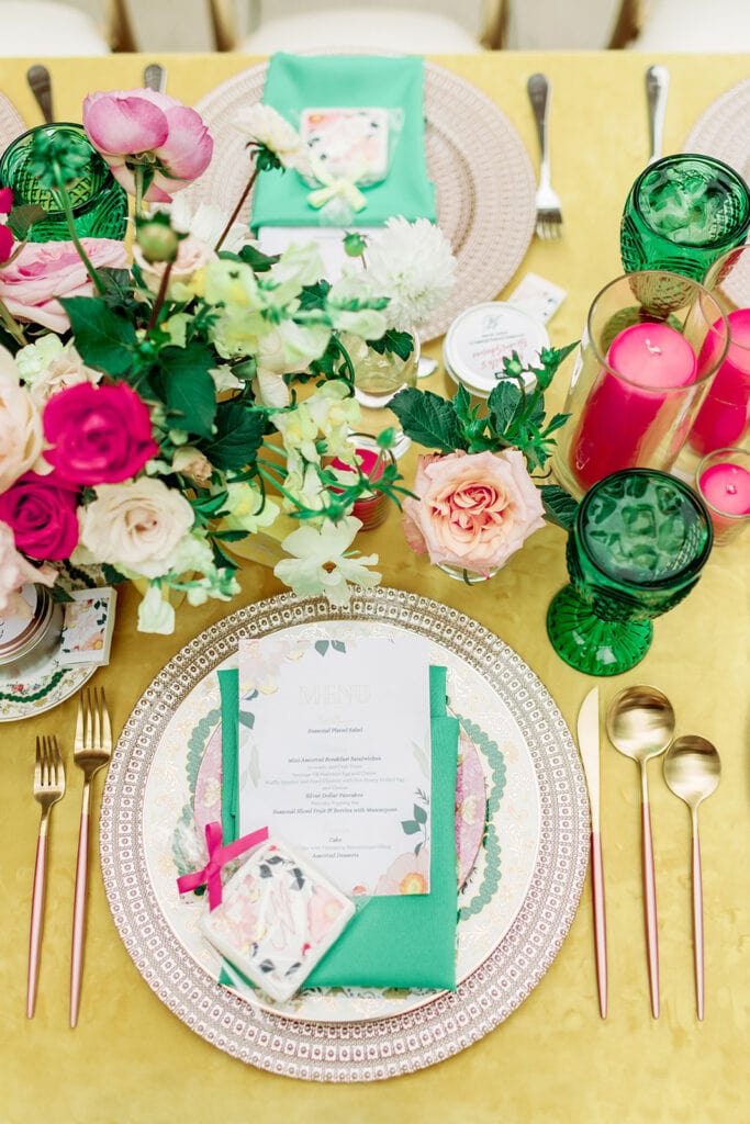 Colorful bridal shower table decor