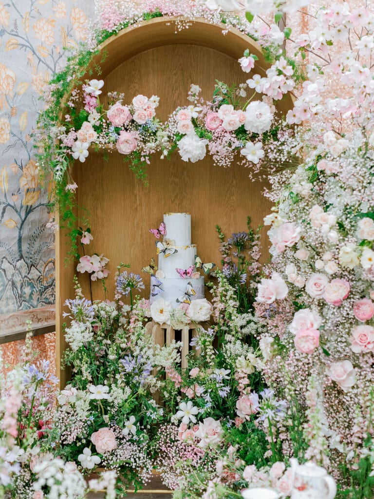 Wedding cake display with flowers