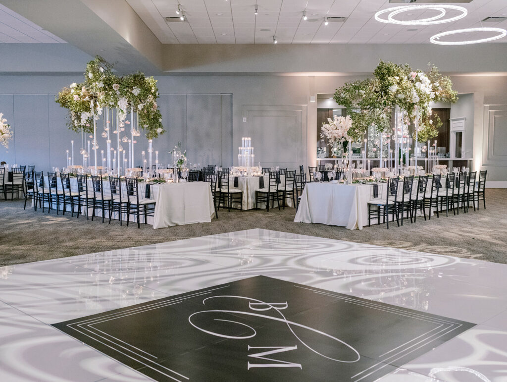 Monogrammed black and white wedding dance floor