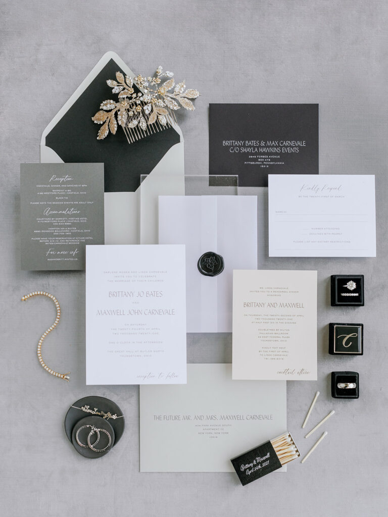 Modern black and white wedding invitation suite