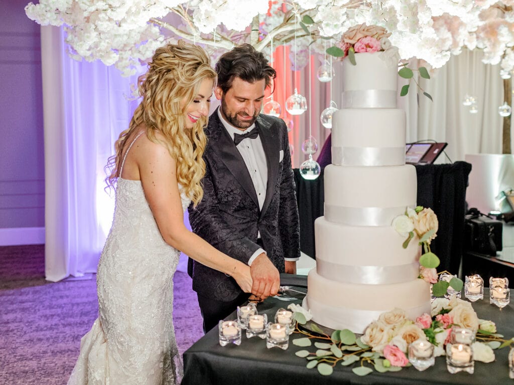 Bride and groom cutting wedding cake