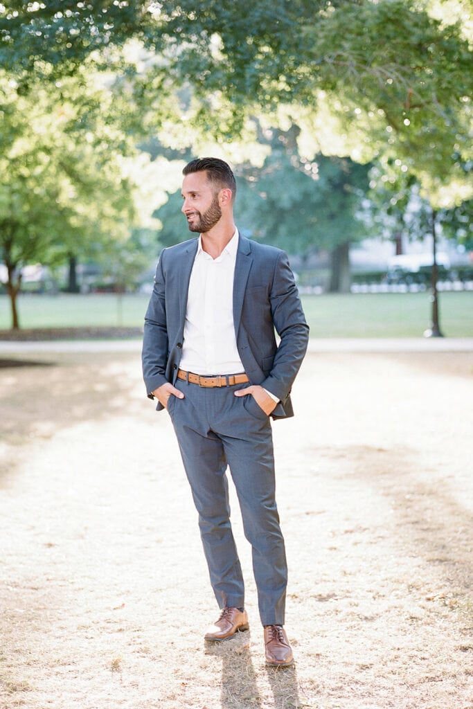 Navy Blue engagement photo suit