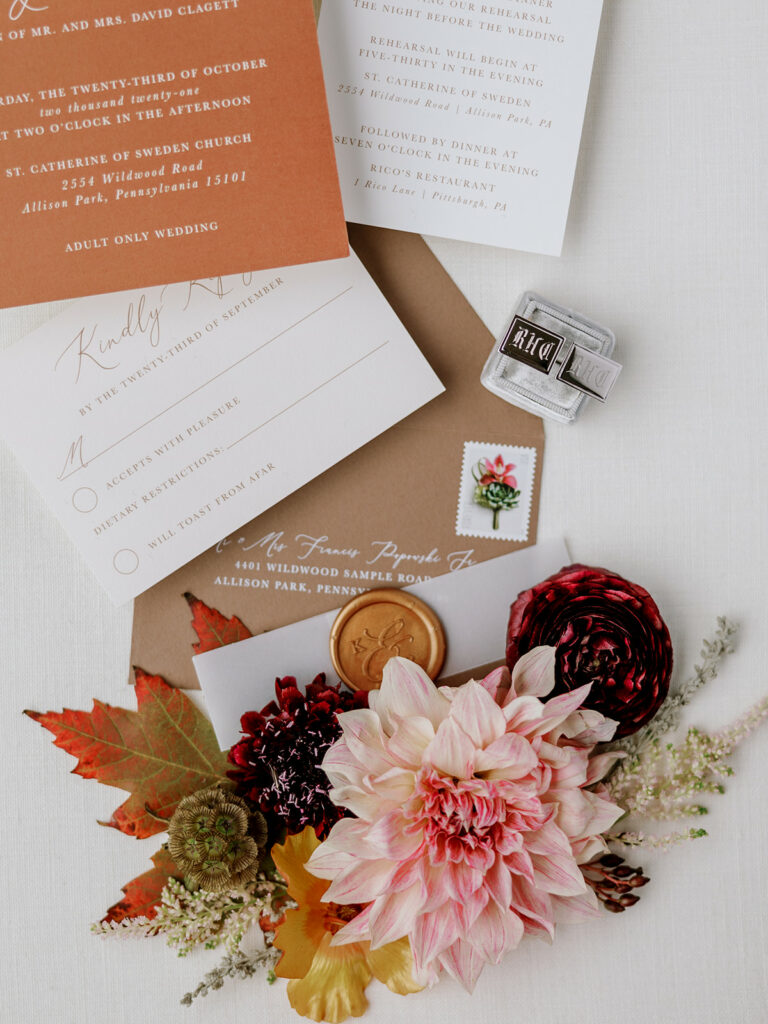 Wedding stationery details for a fall Pennsylvania wedding.
