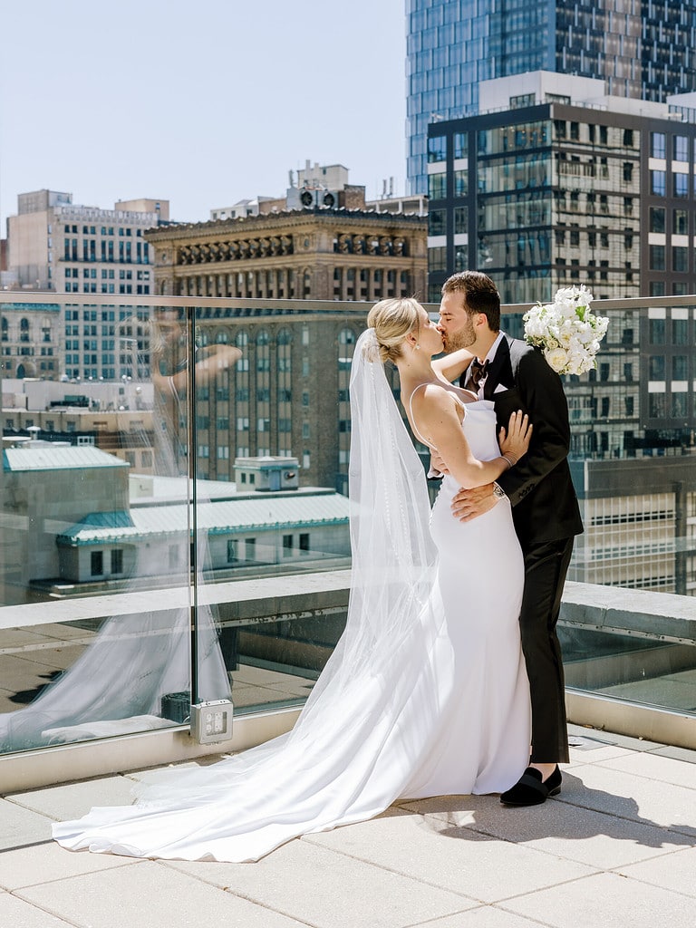 Photo of bride and groom at a city Pittsburgh wedding.