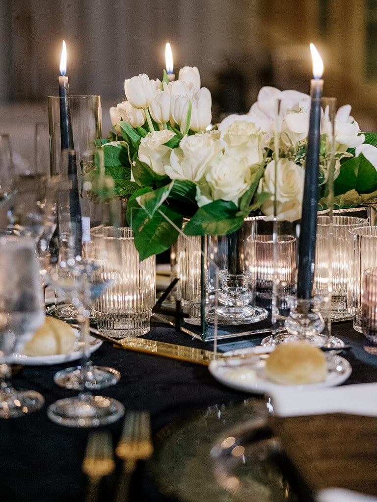 Photo of table decor at a Pittsburgh wedding reception. Modern Black and White Wedding