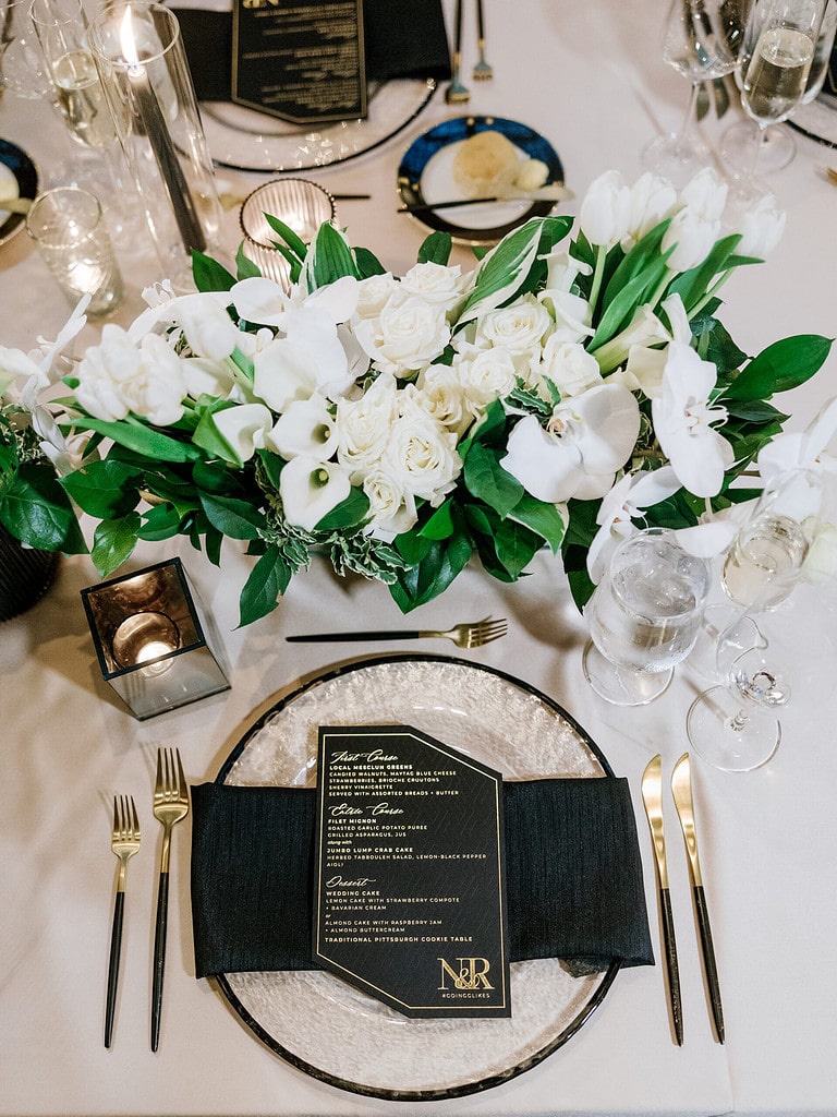 Photo of table decor at a luxury Pittsburgh wedding. Modern Black and White Wedding