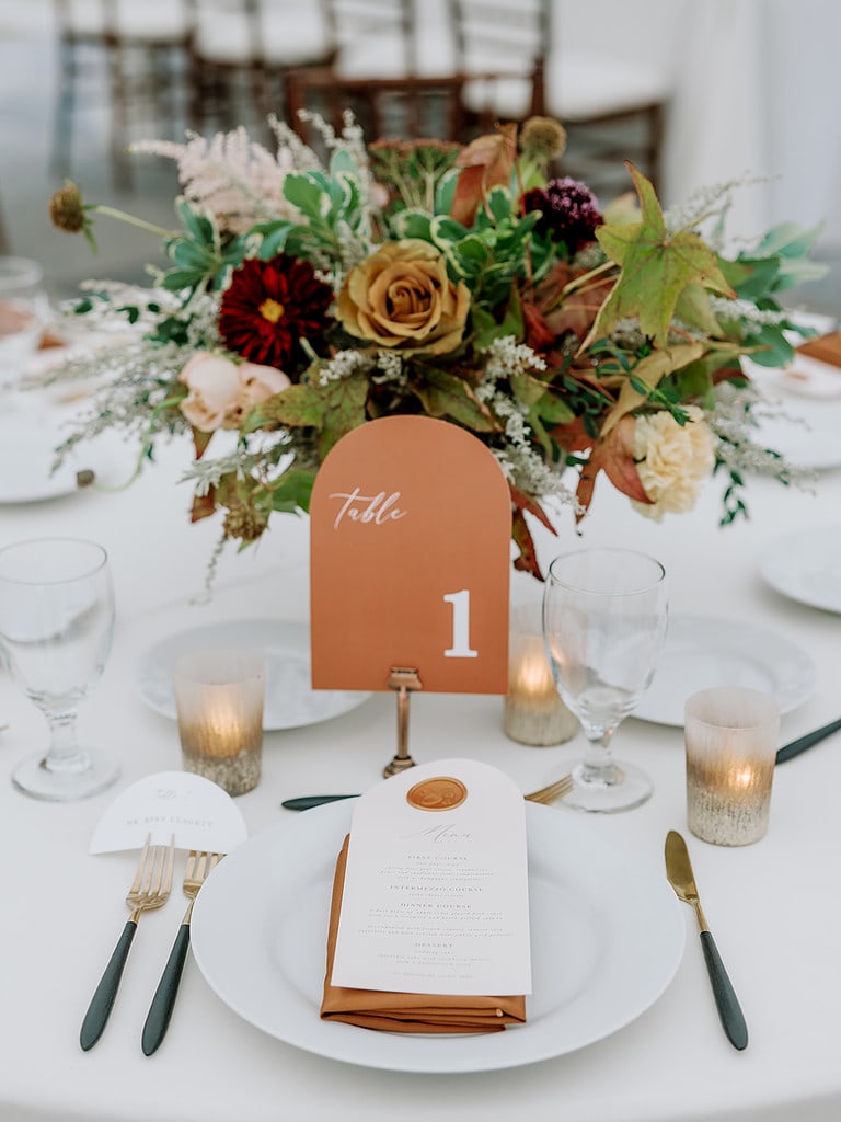 Photo of place setting at a tented wedding reception in Pittsburgh.