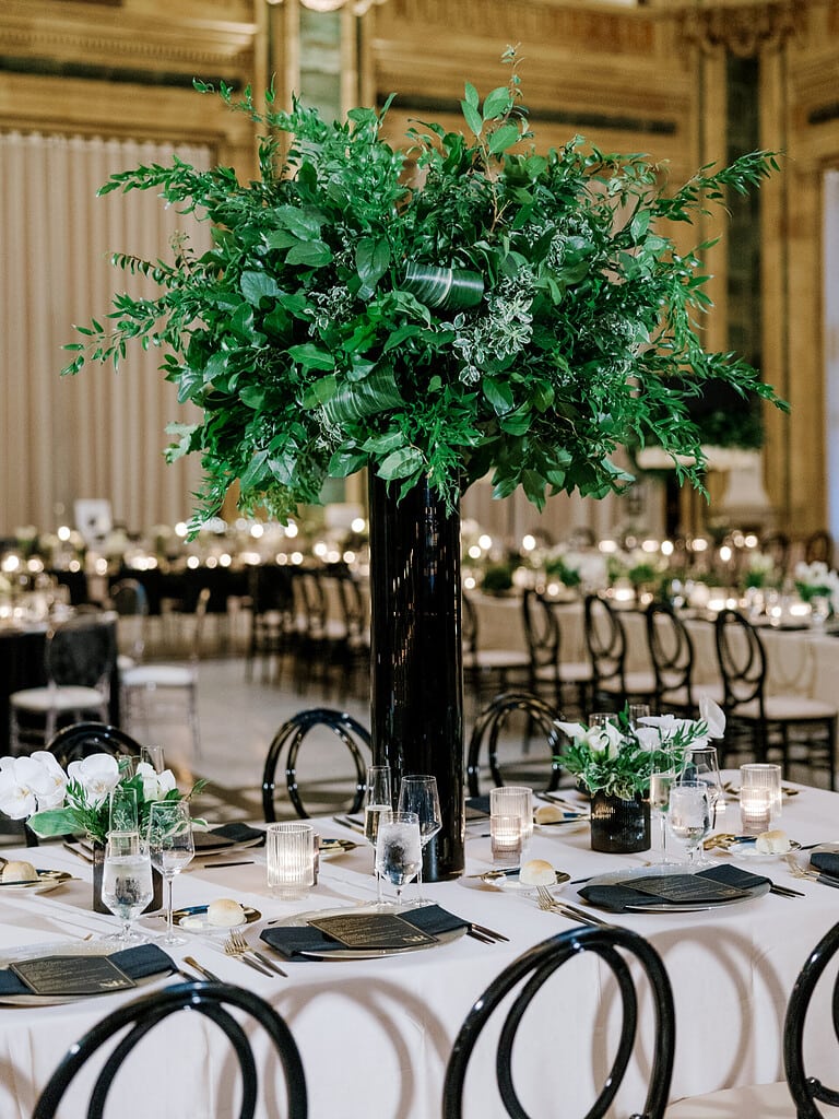 Photo of reception table decor at a Pennsylvania wedding. Modern Black and White Wedding