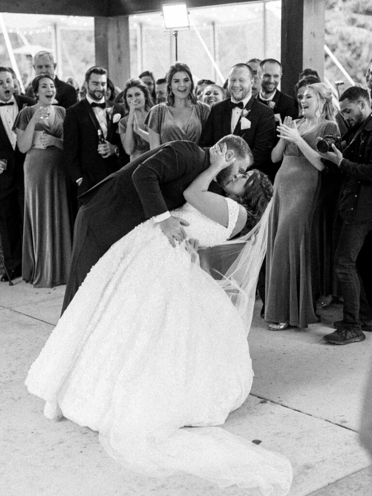 Photo of bride and groom having their first dance at a fall Pittsburgh wedding.