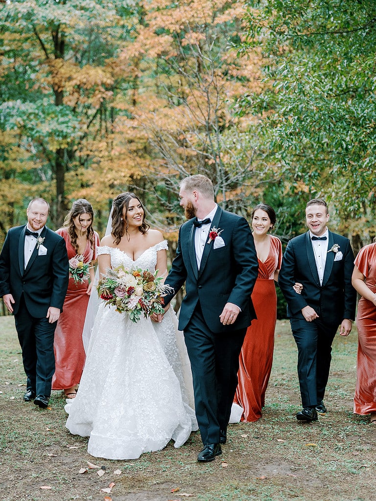 Photo of Pittsburgh bridesmaids and groomsmen at a fall wedding. Pittsburgh Fall Tented Wedding on a Private Estate