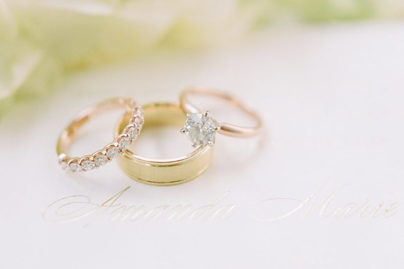 photo of rose gold solitaire engagement rings with bands on invitation